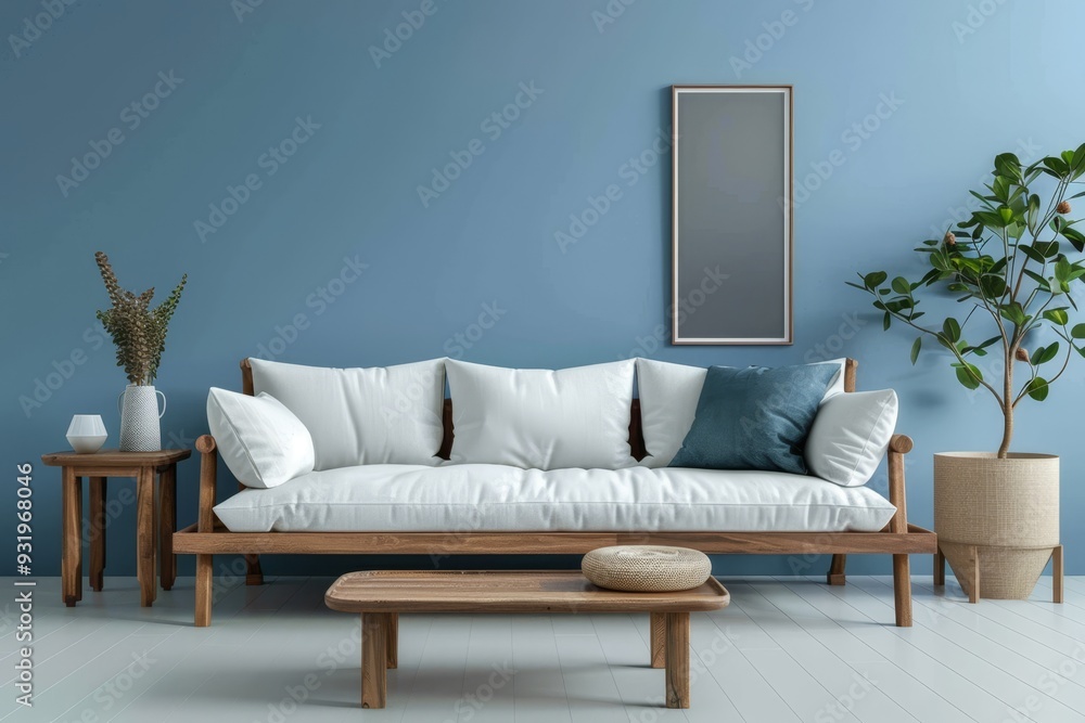 A stylish living room features a white sofa with decorative pillows, a wooden coffee table, and a plant against a blue wall. A stylish living room features a white sofa with decorative pillows, a wooden coffee table, and a plant against a blue wall.