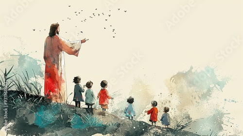 A minimalist drawing of Jesus pointing towards the sky while children gaze up in wonder. The illustration uses soft colors and simple outlines to create a serene and uplifting moment.