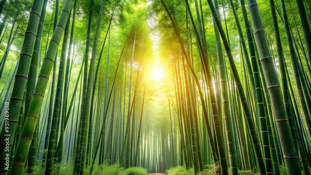 Fototapeta premium Lush bamboo forest with soft morning light creating a tranquil and peaceful atmosphere