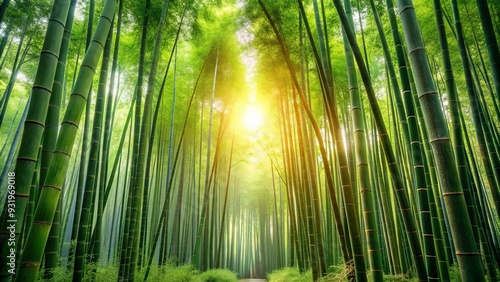 Lush bamboo forest with soft morning light creating a tranquil and peaceful atmosphere