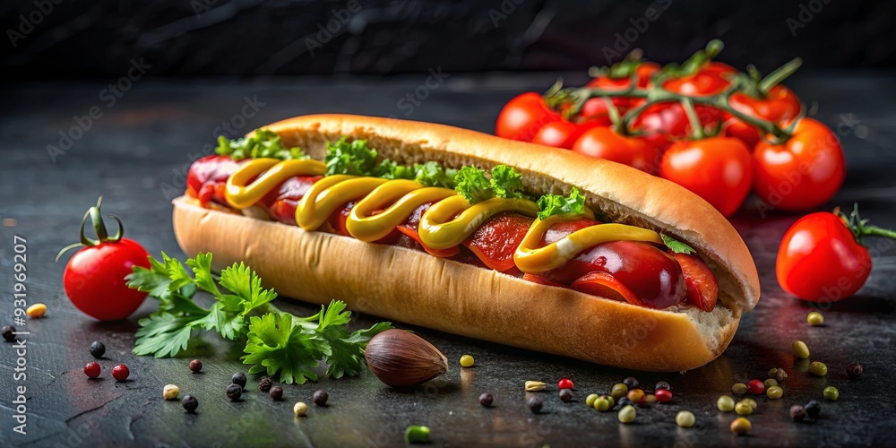 Delicious hot dog with assorted condiments and cherry tomato on a black background Delicious hot dog with assorted condiments and cherry tomato on a black background