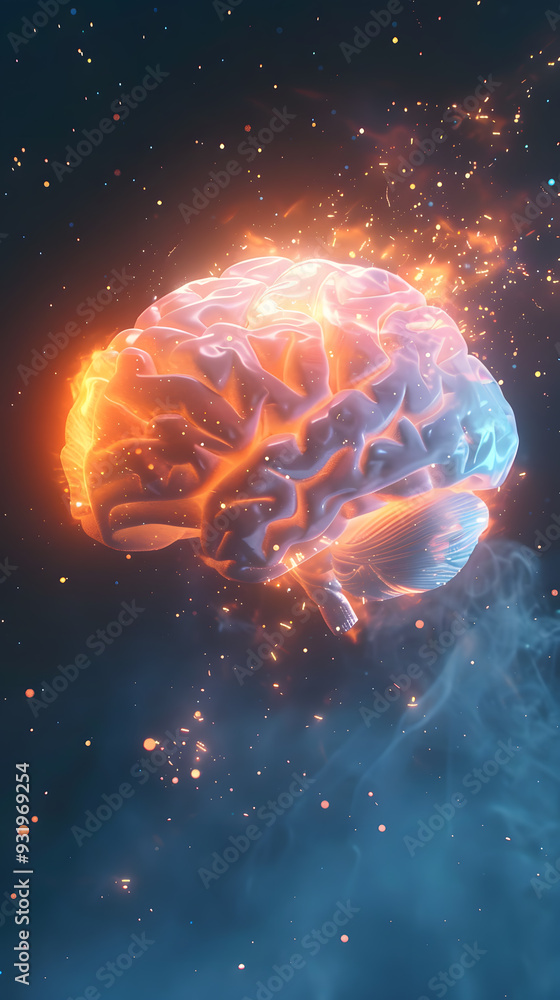 A glowing brain surrounded by cosmic elements in a dark expanse of space A glowing brain surrounded by cosmic elements in a dark expanse of space