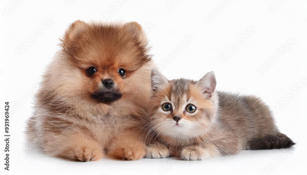Obraz premium 仲良く一緒に座っている子犬と猫（Puppy and cat sitting together friendly） 