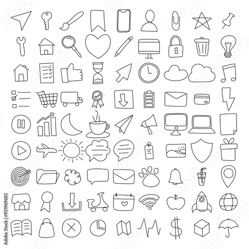 hand drawn icons set large doodle syle drawing