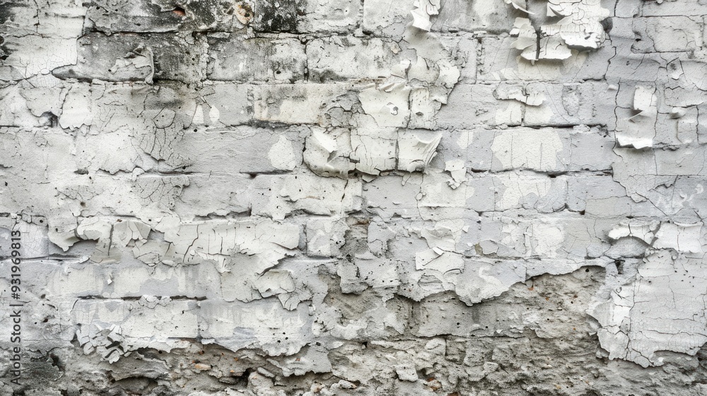 Close-up of a peeling and old white and gray cement brick wall, a sign of long-term use. Close-up of a peeling and old white and gray cement brick wall, a sign of long-term use.