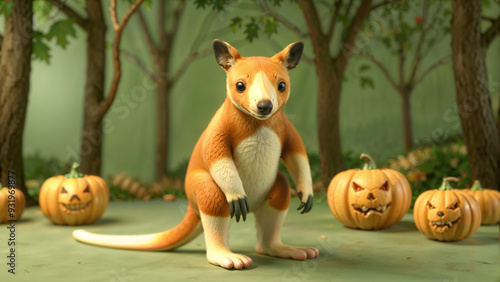 Adorable tree kangaroo joey posing cheerfully amidst pumpkins in moonlit forest scene photo