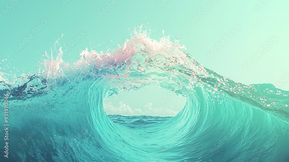 Fototapeta premium Cheerful Cartoon Ocean Wave, vibrant blue and teal hues, inviting backdrop for pool parties or beach travel, perfect for web banners and graphic design.