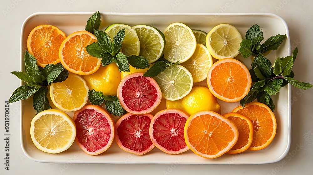 Sliced Citrus Fruits with Mint on a White Serving Dish Sliced Citrus Fruits with Mint on a White Serving Dish