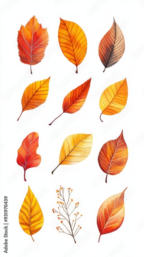 Obraz premium Watercolor set of colorful autumn leaves falling down