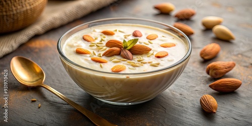 Creamy kheer dessert topped with sliced almonds, a traditional Indian sweet made with milk and nuts photo