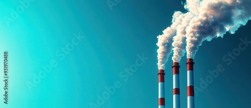 Industrial smokestacks releasing smoke into a clear sky, illustrating environmental impact and pollution concerns. photo