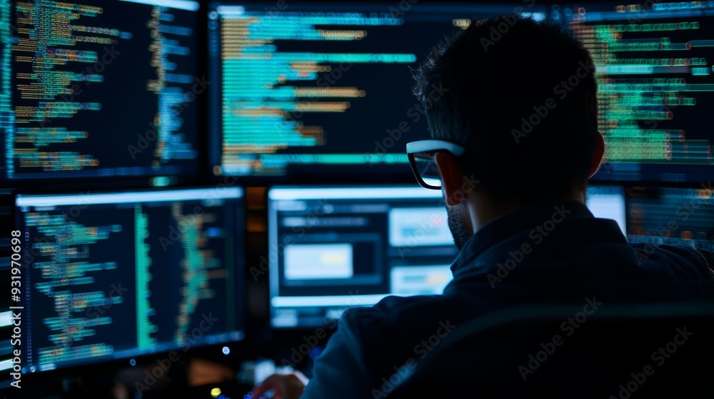 SEO expert deeply focused on analyzing a website, surrounded by high-tech tools, with dynamic charts and coding elements displayed on multiple screens SEO expert deeply focused on analyzing a website, surrounded by high-tech tools, with dynamic charts and coding elements displayed on multiple screens