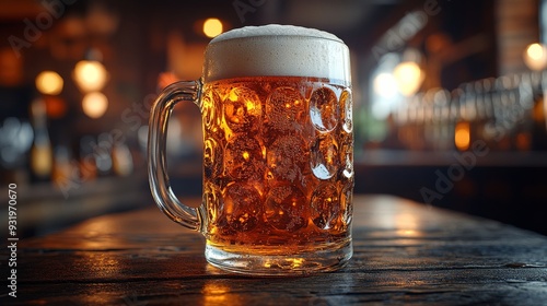 Glass of fresh beer standing on bar counter in pub