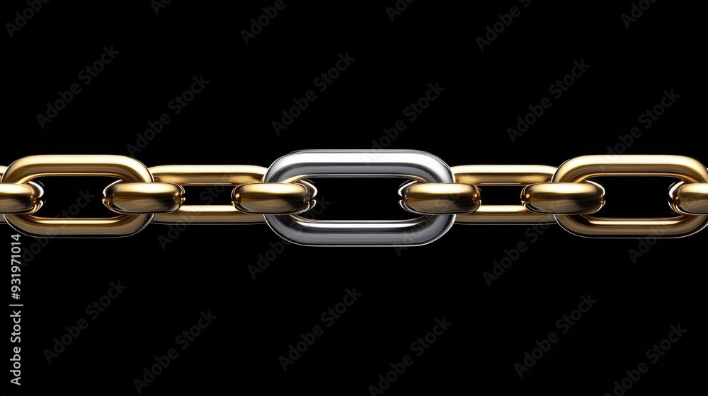 Fototapeta premium 3D illustration of a stainless steel chain featuring a distinctive gold link