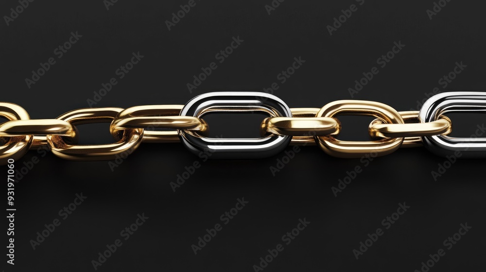 Obraz premium 3D illustration of a stainless steel chain featuring a distinctive gold link