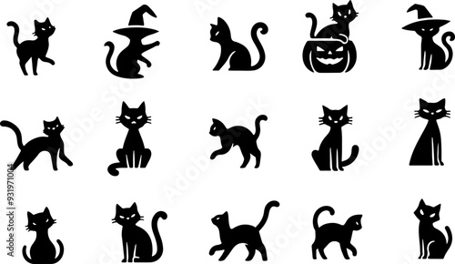 Set de chats en silhouettes, noir isolé à ajuster pour halloween