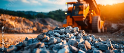 Top-down view of a stone grinder in a sprawling quarry, with a close-up focus on the machinery crushing stone into gravel