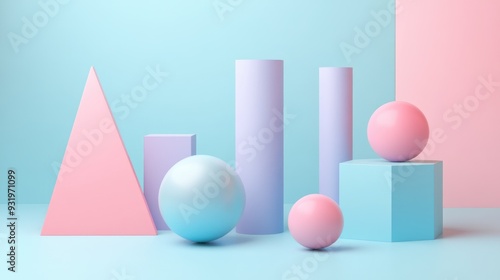 3D illustration of geometric shapes against a blue and pink background featuring a toroid cone rectangle sphere tube cylinder and pyramid