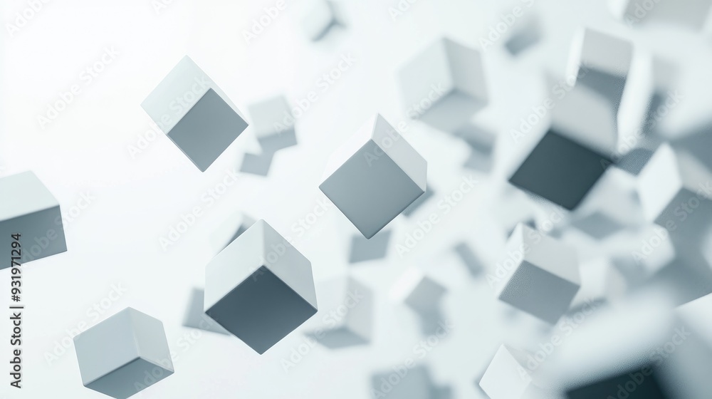 3D rendered illustration featuring abstract flying cubes against a white backdrop ideal for advertising purposes 3D rendered illustration featuring abstract flying cubes against a white backdrop ideal for advertising purposes