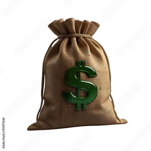 Brown burlap sack with dollar logo on transparent background