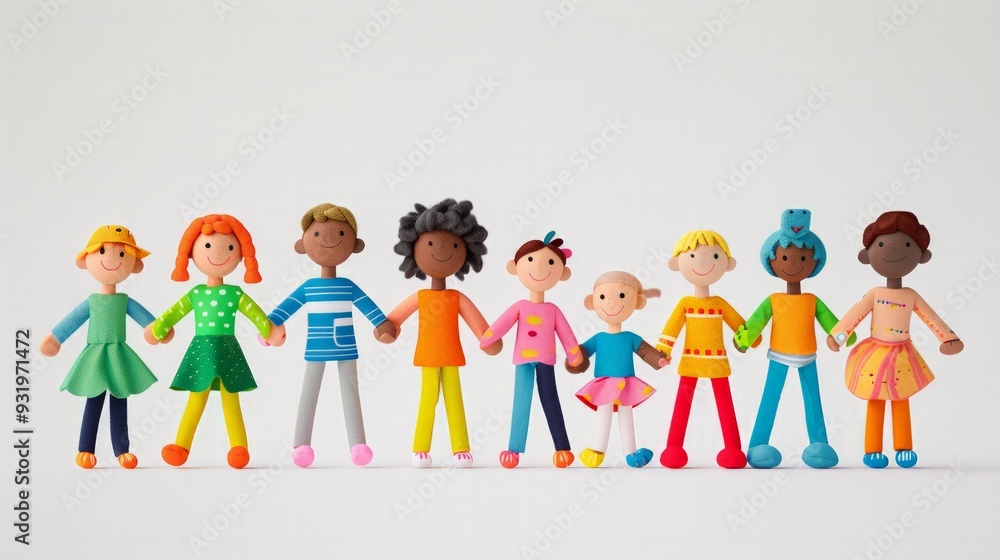 Group of friends holding hands, celebrating Children's Day with joy, isolated on white background, vibrant background colors, ultra-realistic