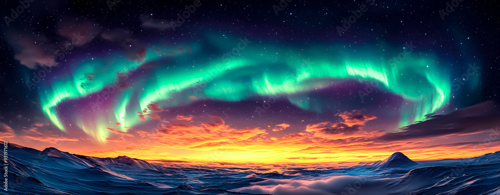 Nordic landscape. Aurora borealis. Space for text. Nordic landscape. Aurora borealis. Space for text.