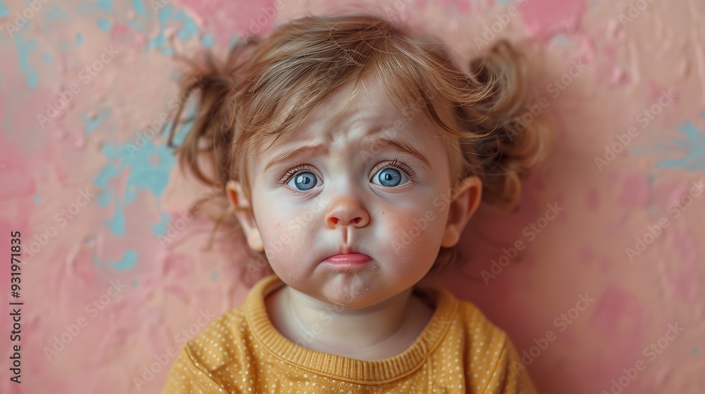 Unhappy and frustrated toddler isolated against a pink studio background. The crying baby shows negative emotions, with a nervous expression indicating hunger or distress. Unhappy and frustrated toddler isolated against a pink studio background. The crying baby shows negative emotions, with a nervous expression indicating hunger or distress.