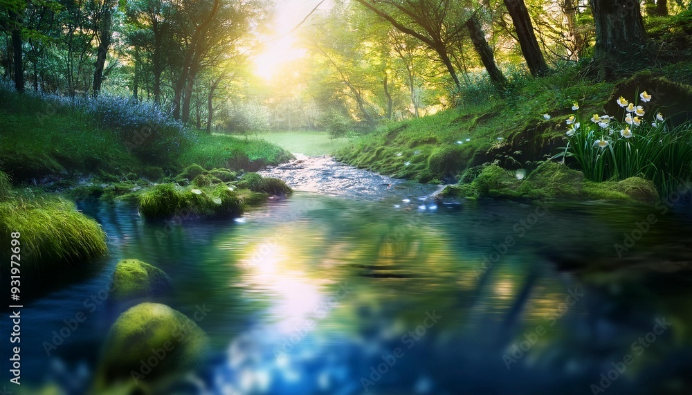 簡素な小川と優しい自然が幻想的に入り混じる美しい景観 Generated by AI 簡素な小川と優しい自然が幻想的に入り混じる美しい景観 Generated by AI