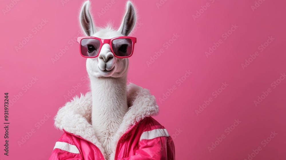 Fashionable llama posing wearing pink sunglasses and jacket Fashionable llama posing wearing pink sunglasses and jacket