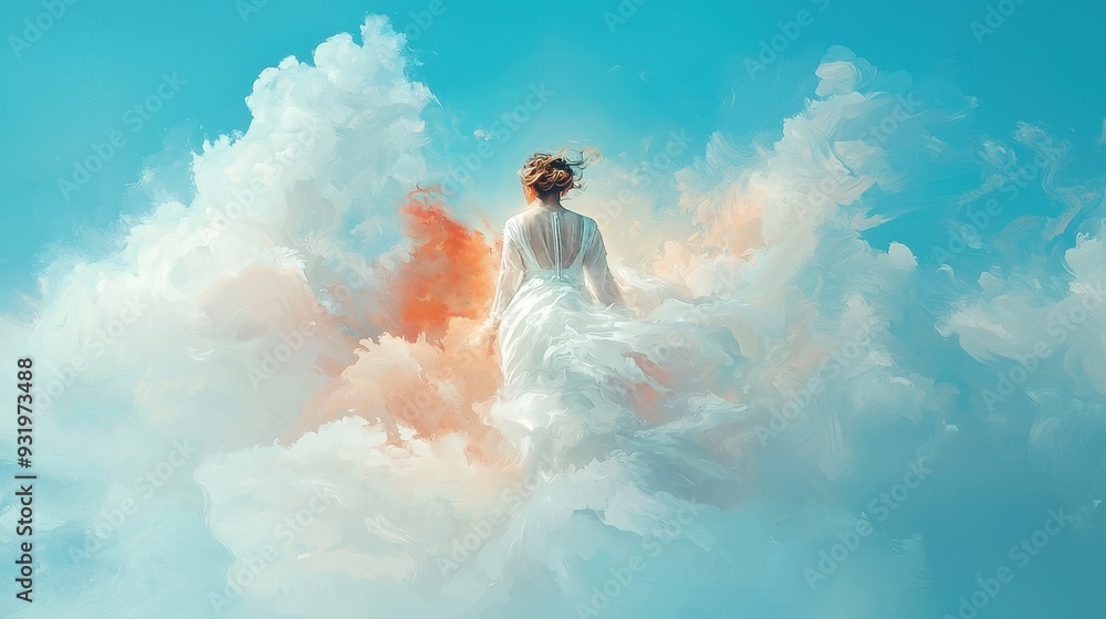 Elegant bride in a flowing evening gown, captured in a delicate watercolor illustration, set against a serene backdrop with ample free space for dreamy storytelling. Elegant bride in a flowing evening gown, captured in a delicate watercolor illustration, set against a serene backdrop with ample free space for dreamy storytelling.