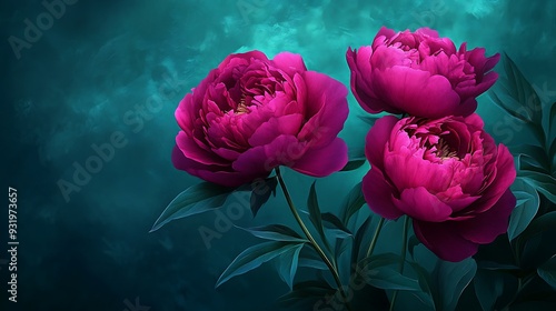 Fototapeta Naklejka Na Ścianę i Meble -  Vibrant Fuchsia Peonies on Teal Background with Glowing Edge Effect - Dramatic Digital Artwork