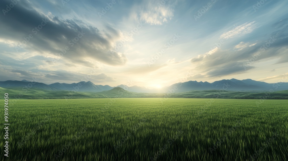 Obraz premium A breathtaking landscape featuring lush green fields under a dramatic sky at dawn, with distant mountains silhouetted against the horizon.