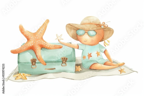 A starfish lounges on a beach towel, enjoying a relaxing vacation. The starfish is dressed in a sunhat and beach dress, with a suitcase as a makeshift pillow. photo