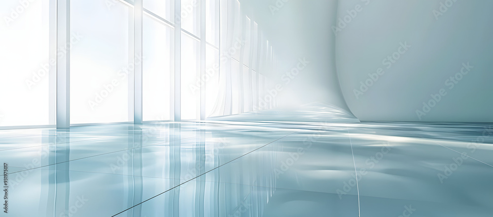 Obraz premium Modern White Glass Surface with Delicate Reflections and Faint Shadow, Featuring a Subtle Gradient from Light Blue to White, Creating a Calm and Sophisticated Background Ideal for Beauty Product 