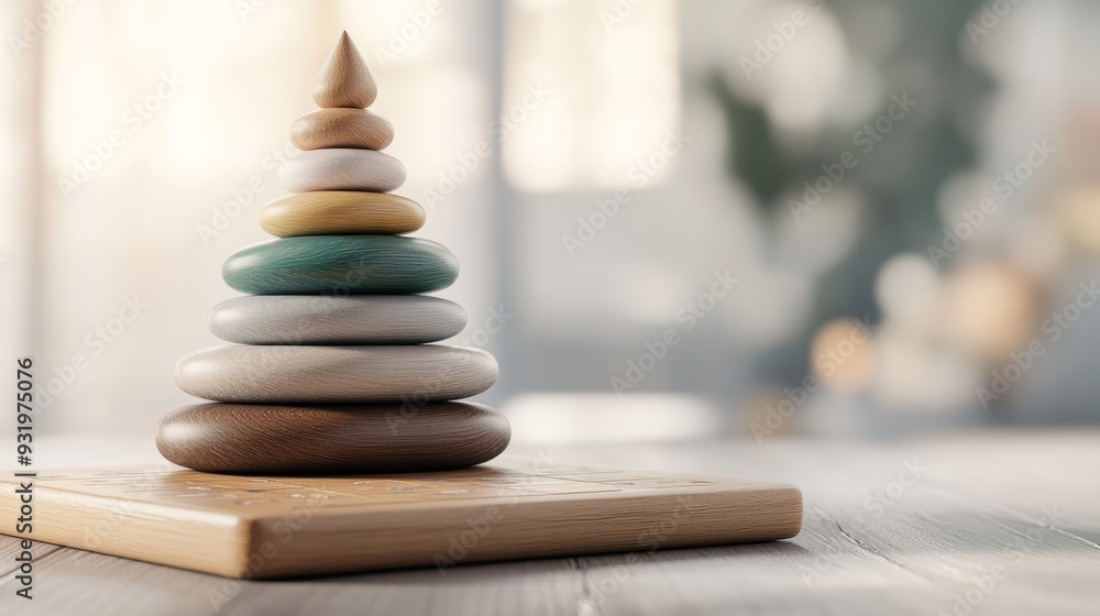 Fototapeta premium Colorful wooden stacking toys arranged in a playful tower. Ideal for children's decor or educational themes.