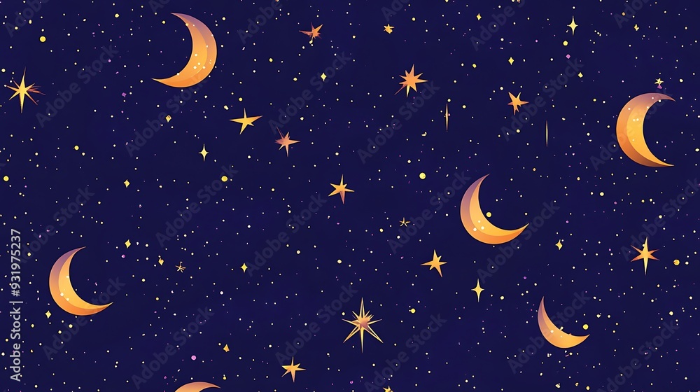 Mystical Night Sky Seamless Pattern with Violet and Gold Celestial Motifs in Cartoon Vector Style Mystical Night Sky Seamless Pattern with Violet and Gold Celestial Motifs in Cartoon Vector Style