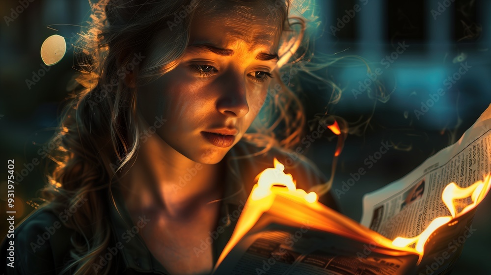 Obraz premium A young girl holds a burning newspaper in her hands