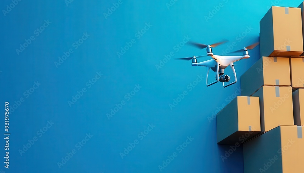 Fototapeta premium A drone hovering over stacked boxes, symbolizing innovation in logistics and modern delivery solutions against a vibrant blue background.