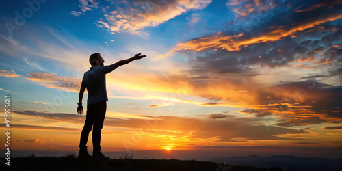 Silhouette of a person with an outstretched hand, reaching towards the sky