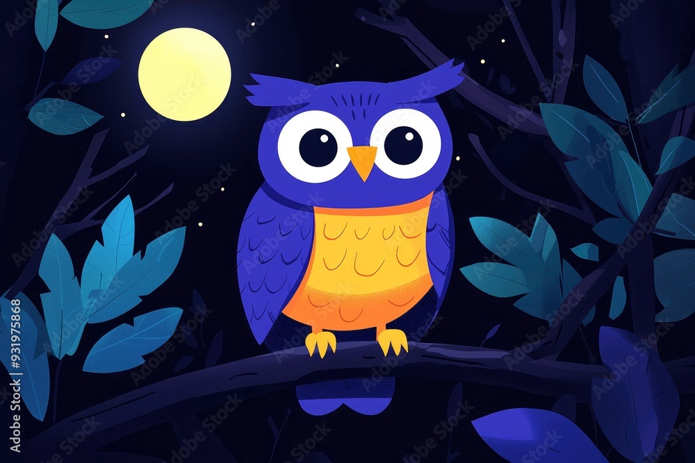 Obraz premium Cute Cartoon Owl Sitting on a Branch at Night