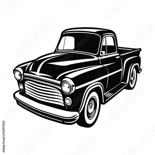 Vintage pickup truck vector illustration isolated on white background. Design element for logo, label, sign,  poster.