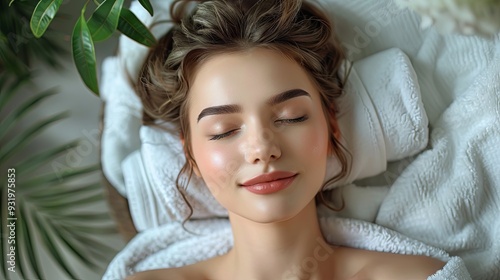 A beautiful young woman is experiencing a massage at a spa. The relaxed brunette is lying on a massage table with her eyes closed, enjoying a spa treatment. 