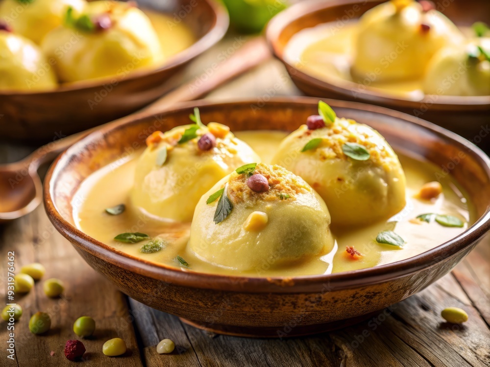 soft focus creamy sweet Indian rasmalai dessert macro shot warm golden light delicate rabri dripping with sweetness velvety texture pistachio garnish soft focus creamy sweet Indian rasmalai dessert macro shot warm golden light delicate rabri dripping with sweetness velvety texture pistachio garnish