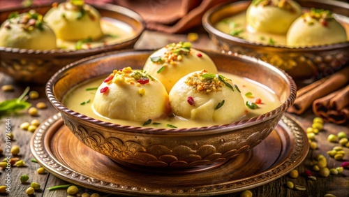 luxurious decadent Indian rasmalai macro shot rich creamy dessert soft golden lighting delicate pistachio garnish intricate design opulent atmosphere warm rich tones