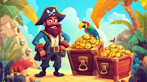 Jolly Pirate Captain with Parrot and Treasure Chests on Tropical Island - Cartoon Style Vector Illustration by Cartooning Studio photo