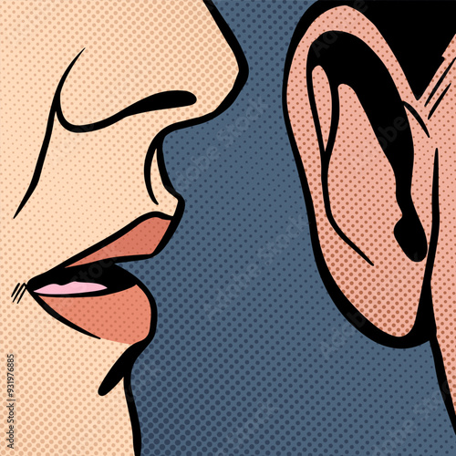 Lips and ear. Woman whispers secrets or gossip to man, detail, pop art comic vector illustration
