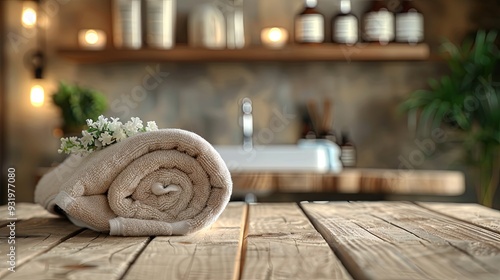 A wooden table with a spa towel placed on a blurred bathroom shelf backdrop