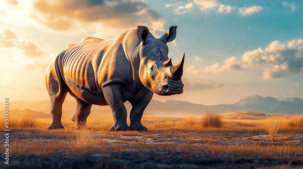 Fototapeta premium A majestic white rhino standing in the wild, showcasing the strength and endangered beauty of this powerful creature.