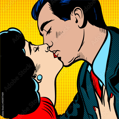 Man and woman kissing in love, vector illustration of a typical American comic book page with rays and halftones. Retro lovers. 
