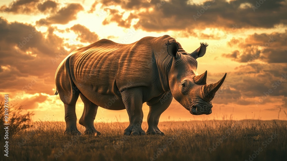 Fototapeta premium A majestic white rhino standing in the wild, showcasing the strength and endangered beauty of this powerful creature.